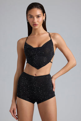 Embellished Mid-Rise Hot Pant Shorts in Black