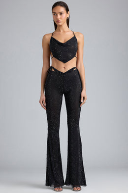 Petite Embellished Cut-Out Flared Trousers in Black