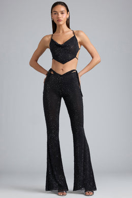 Tall Embellished Cut-Out Flared Trousers in Black