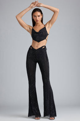 Tall Embellished Cut-Out Flared Trousers in Black