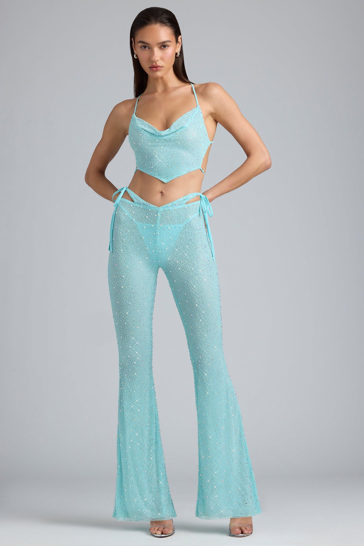 Tall Embellished Cut-Out Flared Trousers in Ice Blue