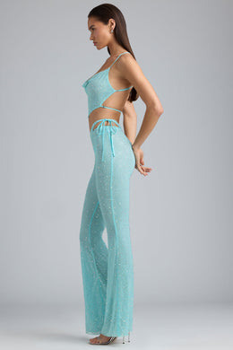 Tall Embellished Cut-Out Flared Trousers in Ice Blue