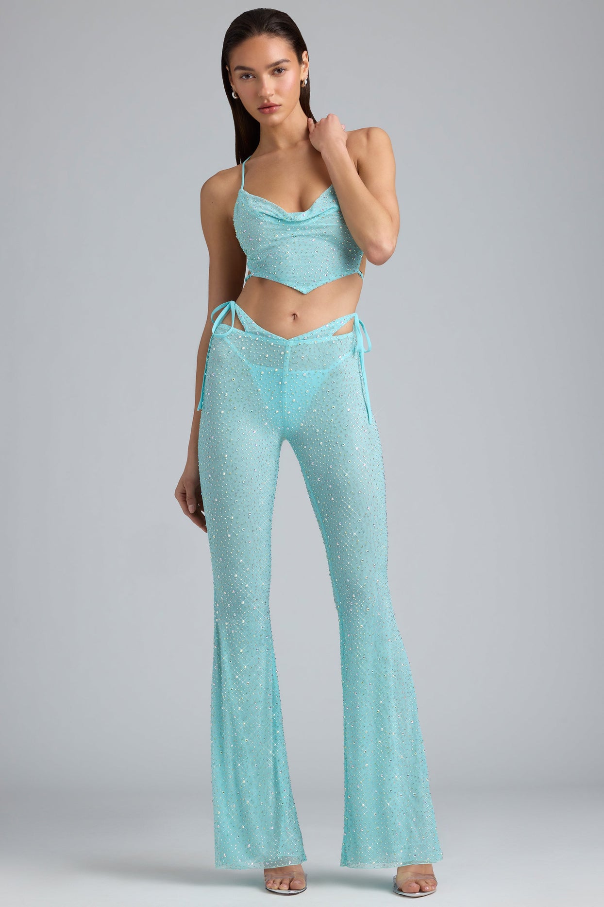 Tall Embellished Cut-Out Flared Trousers in Ice Blue