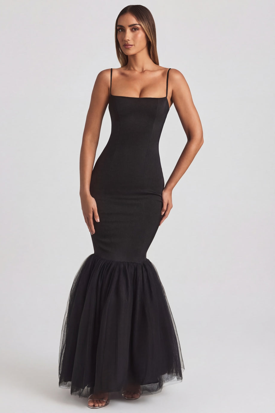 Oh Polly's Anna wearing the Adelpha Maxi Dress in Black Jersey fabric perfect for formal gatherings