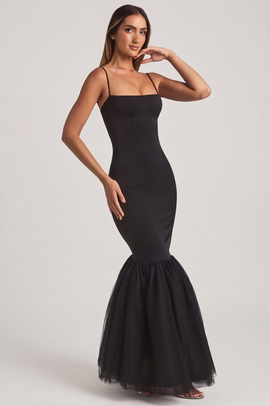 Oh Polly's Anna wearing the Adelpha Maxi Dress in Black Jersey fabric perfect for wedding receptions