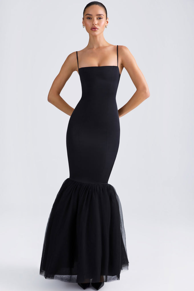 Tulle Hem Fishtail Gown in Black