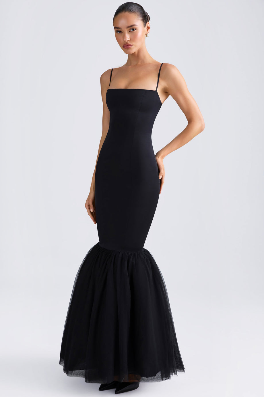 Tulle Hem Fishtail Gown in Black