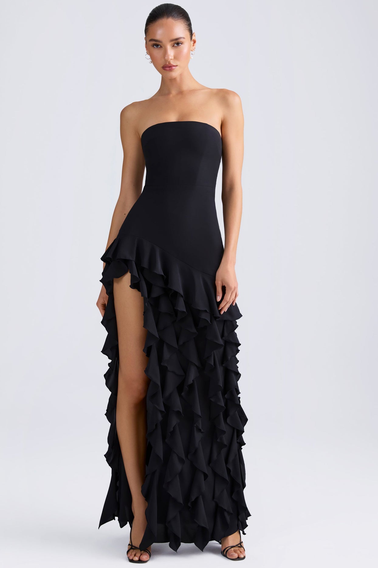 Ruffle-Trim Strapless Gown in Black