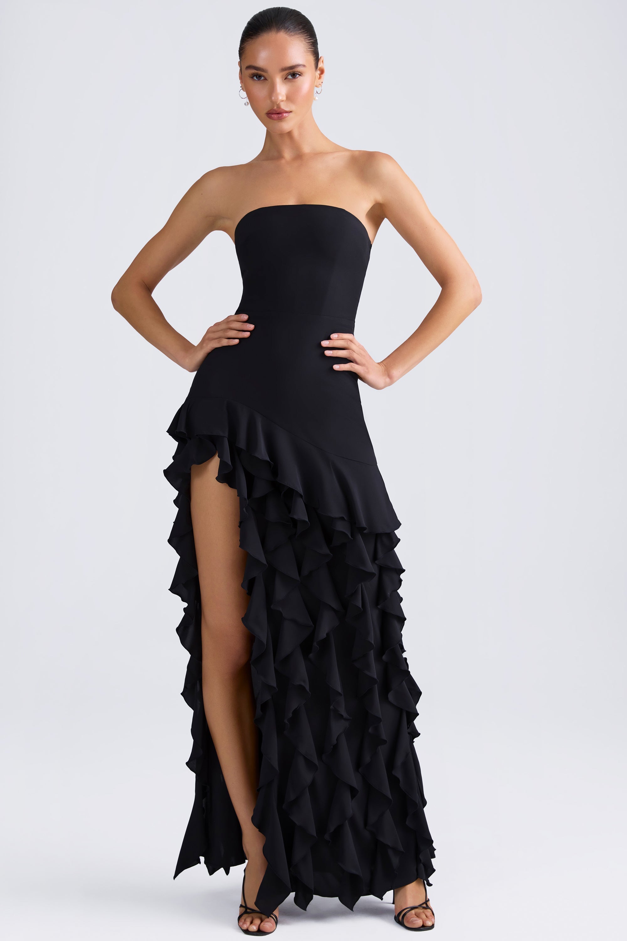 Diletta Ruffle Trim Strapless Gown in Black Oh Polly
