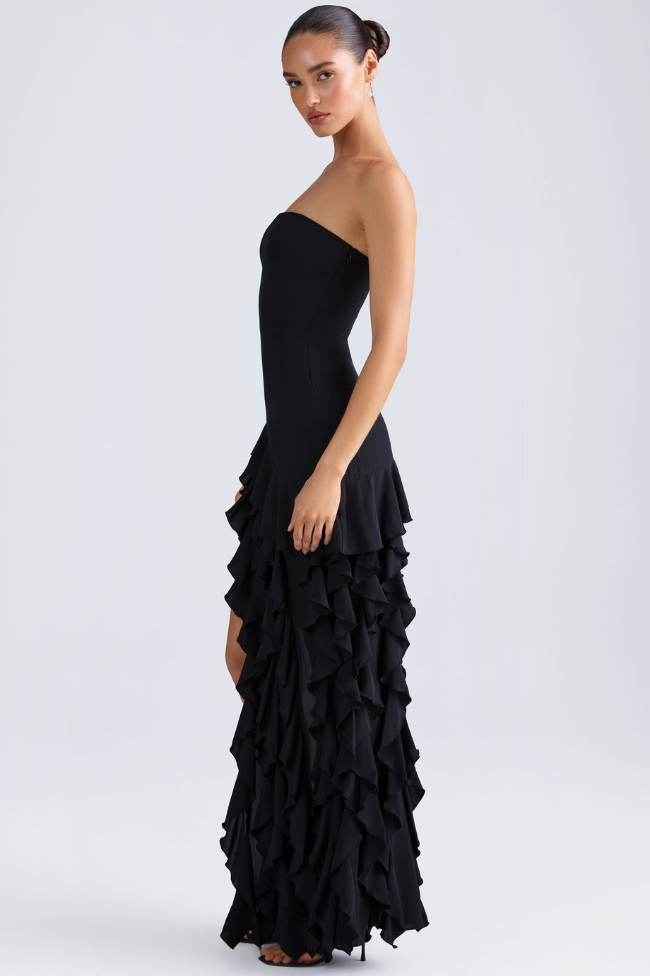 Ruffle-Trim Strapless Gown in Black