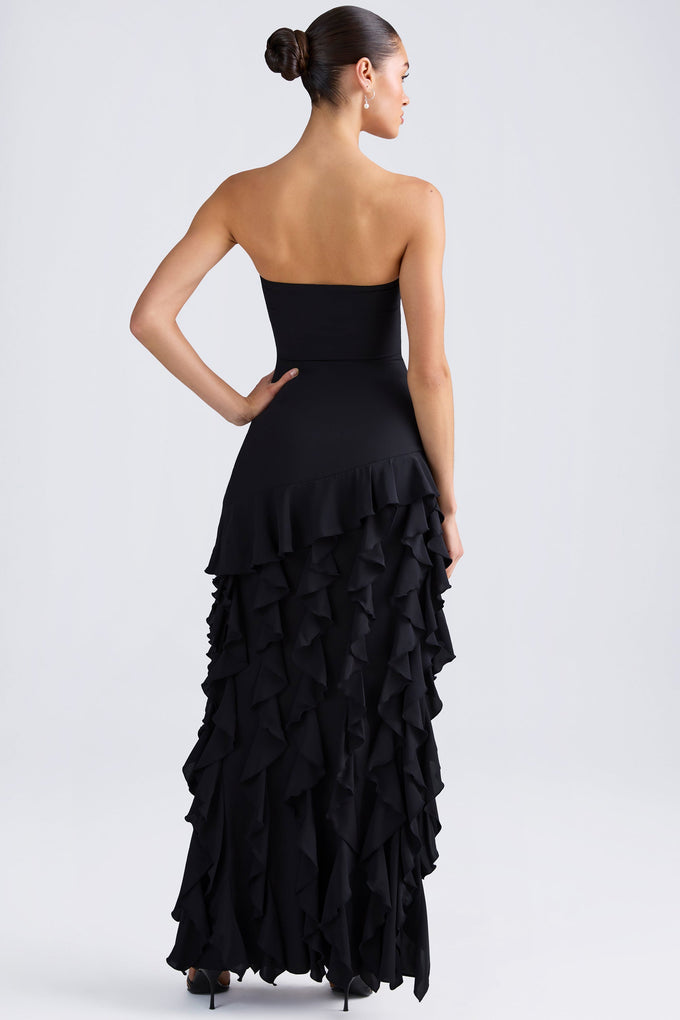 Ruffle-Trim Strapless Gown in Black