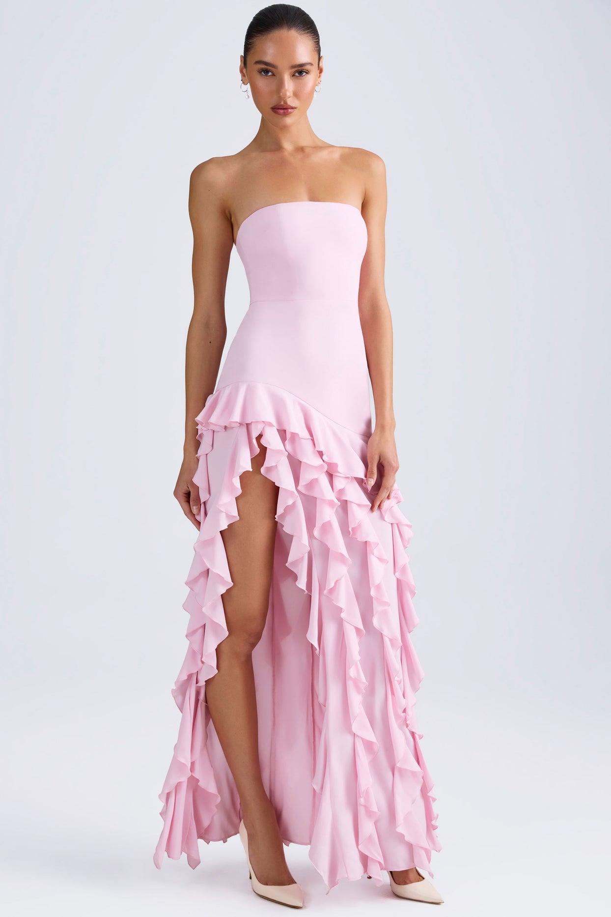 Ruffle-Trim Strapless Gown in Light Pink - 6
