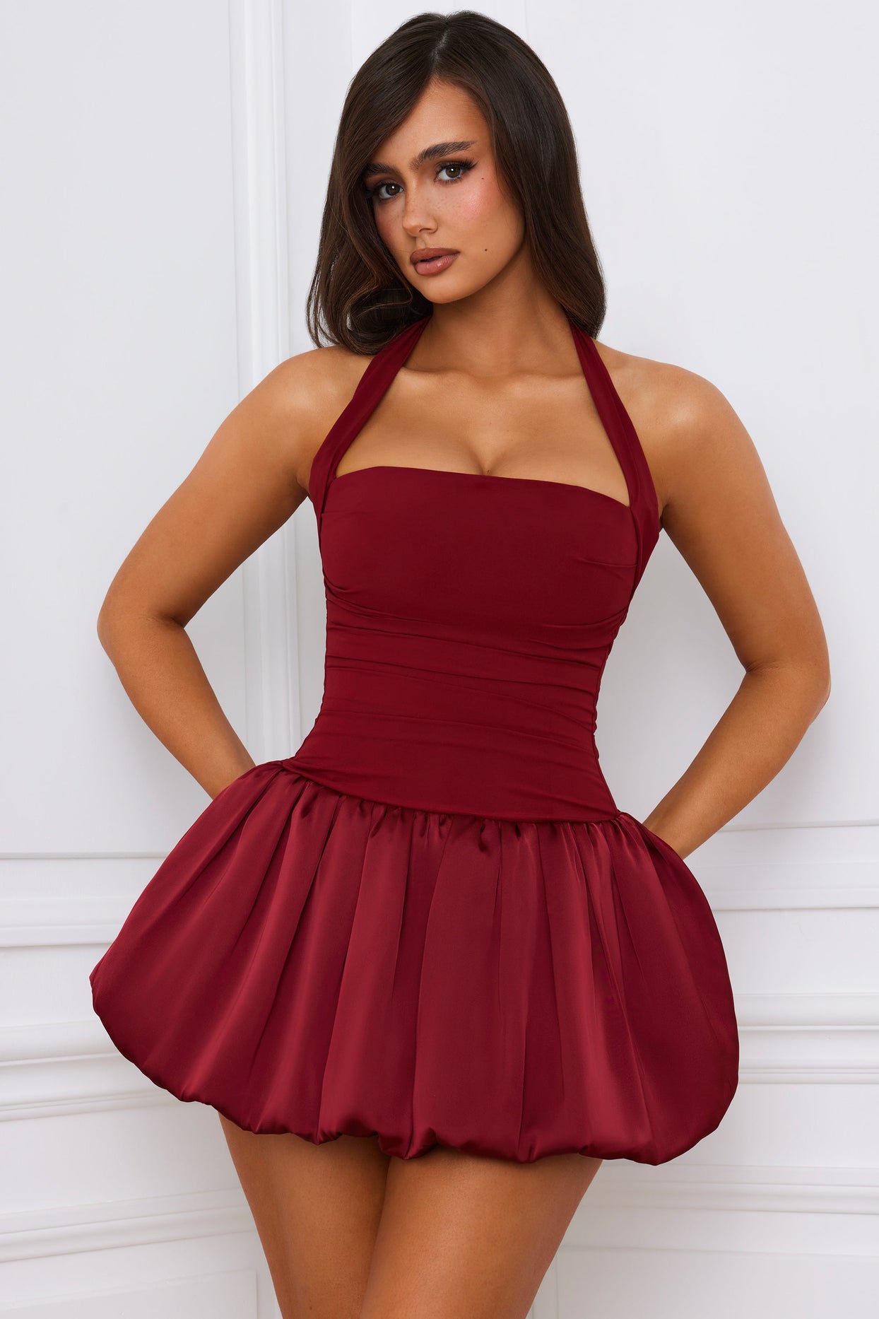 Halterneck Lace-Up Bubble Hem Corset Micro Mini Dress in Berry Red