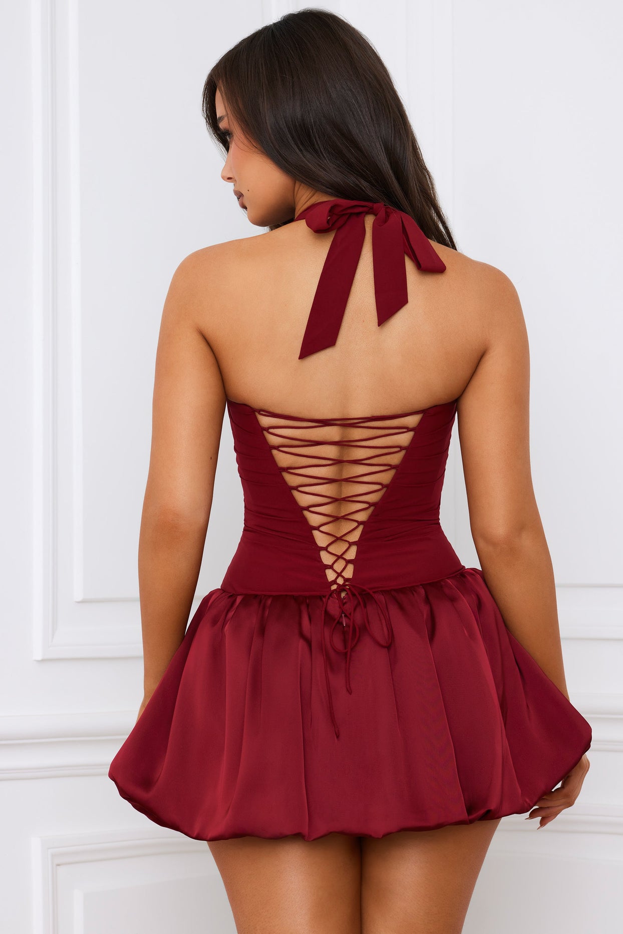 Halterneck Lace-Up Bubble Hem Corset Micro Mini Dress in Berry Red