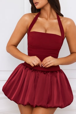 Halterneck Lace-Up Bubble Hem Corset Micro Mini Dress in Berry Red