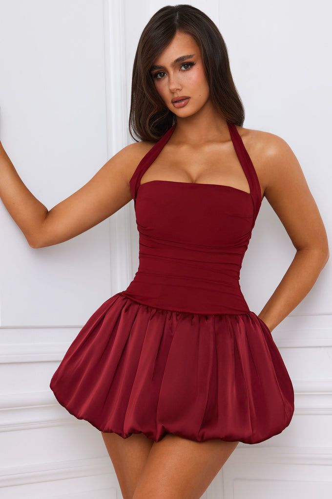 Halterneck Lace-Up Bubble Hem Corset Micro Mini Dress in Berry Red