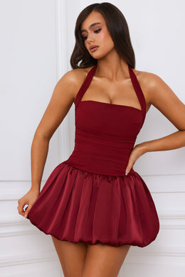 Halterneck Lace-Up Bubble Hem Corset Micro Mini Dress in Berry Red