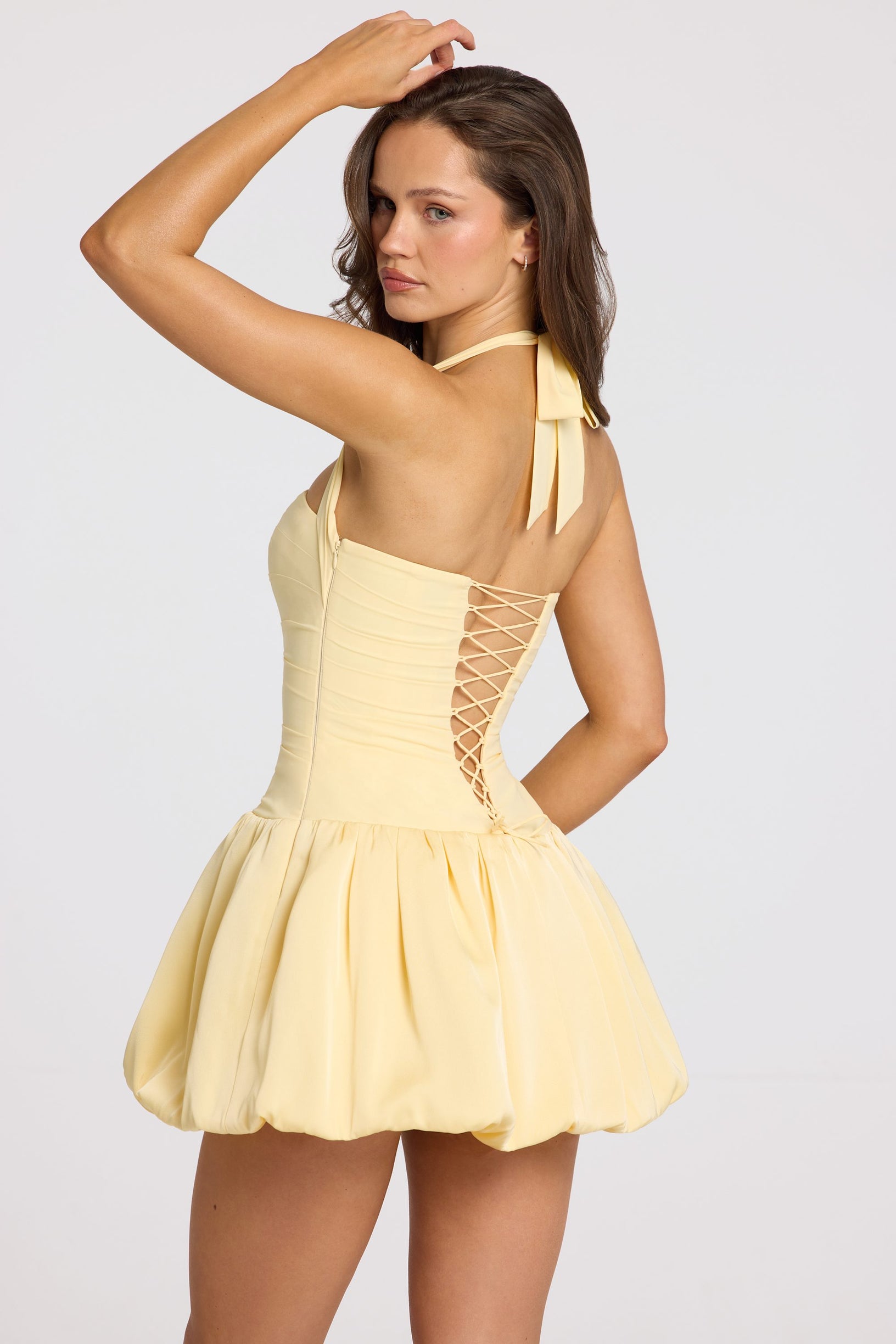 Halterneck Lace-Up Bubble Hem Corset Micro Mini Dress in Butter Yellow - 2