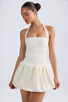 Halterneck Lace-Up Bubble Hem Corset Micro Mini Dress in Ivory