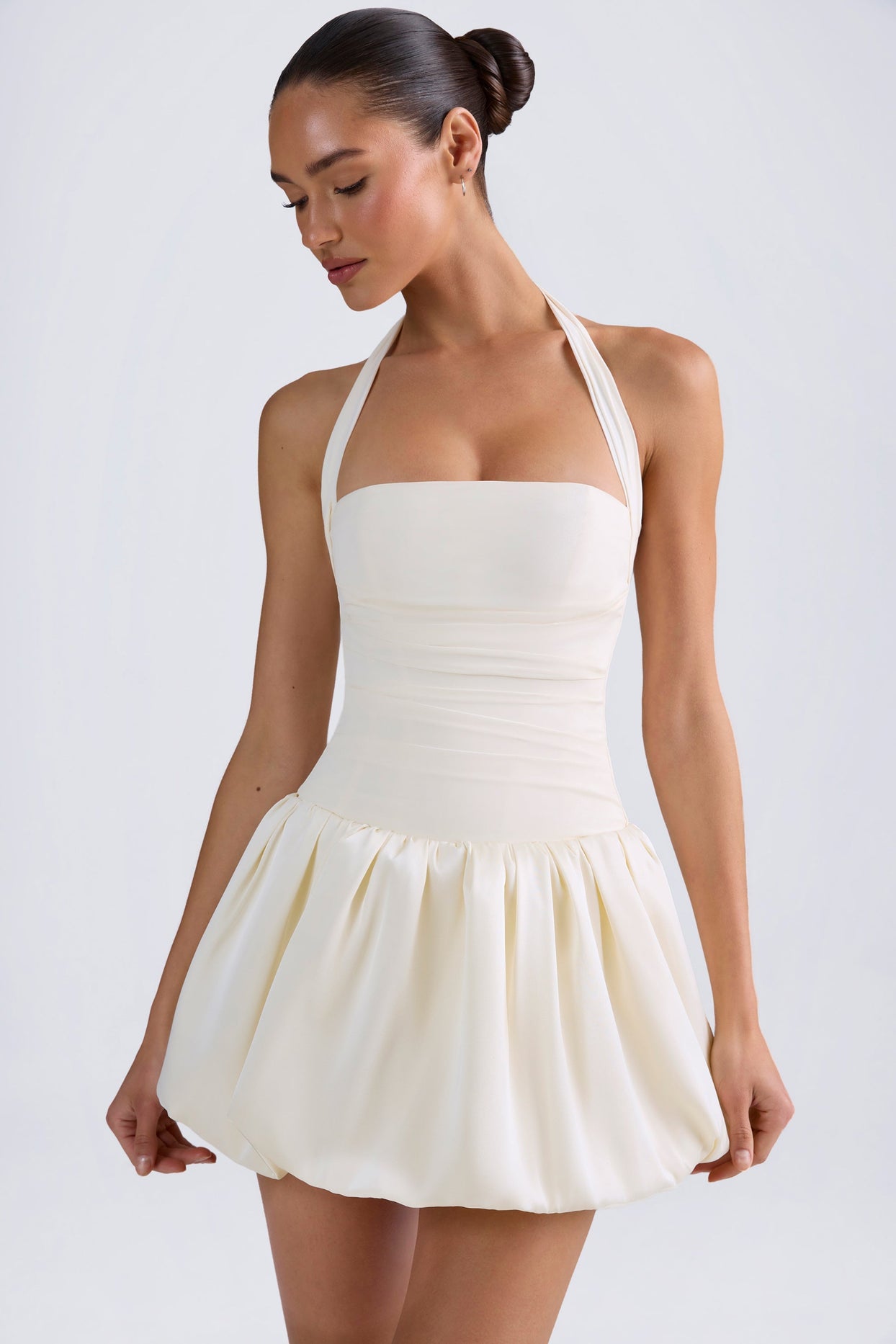 Halterneck Lace-Up Bubble Hem Corset Micro Mini Dress in Ivory - 5