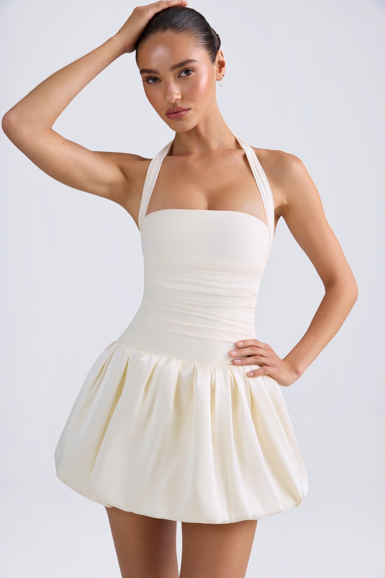 Halterneck Lace-Up Bubble Hem Corset Micro Mini Dress in Ivory