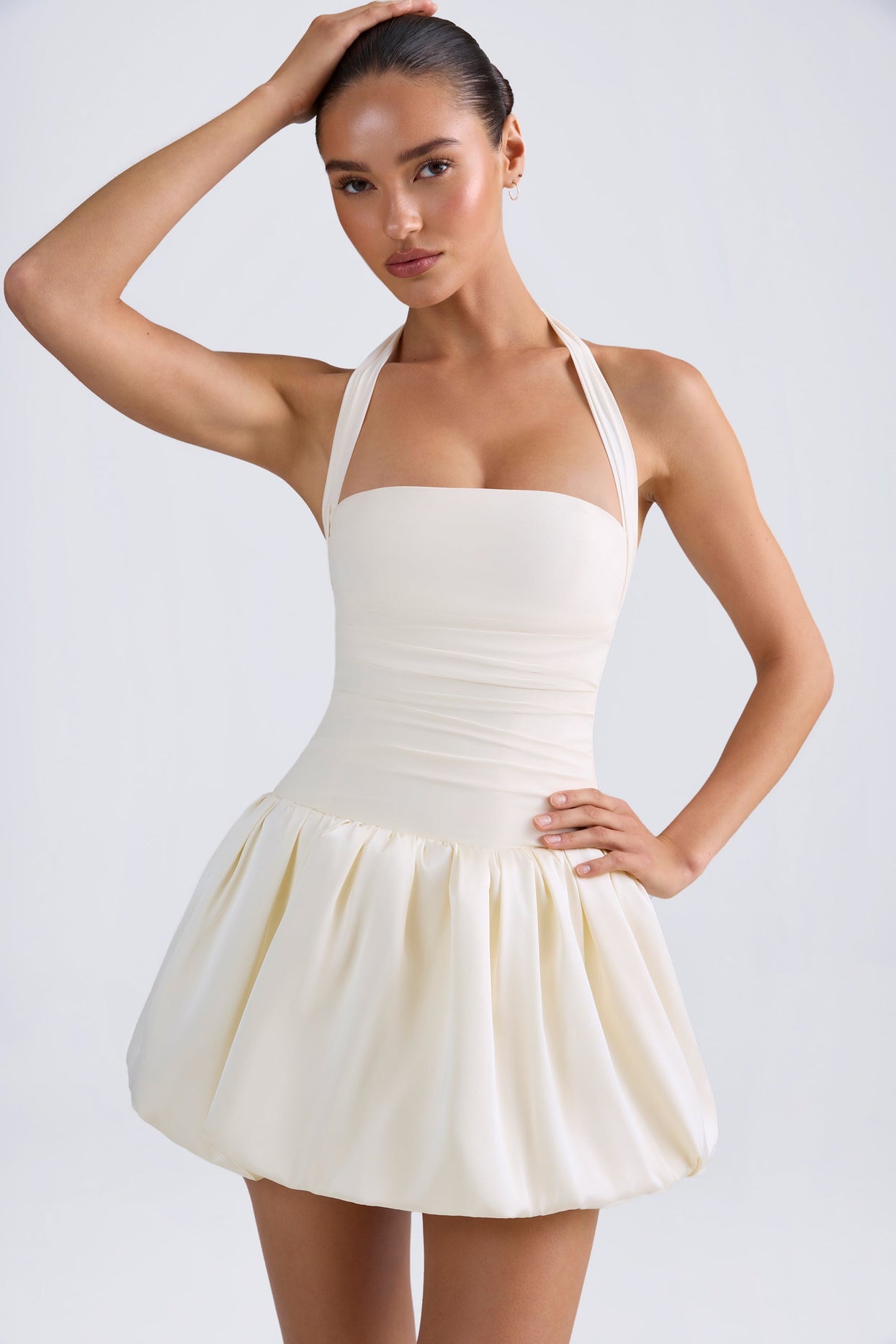 Halterneck Lace-Up Bubble Hem Corset Micro Mini Dress in Ivory - 6