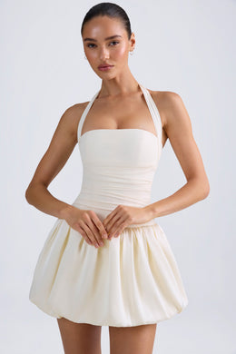 Halterneck Lace-Up Bubble Hem Corset Micro Mini Dress in Ivory