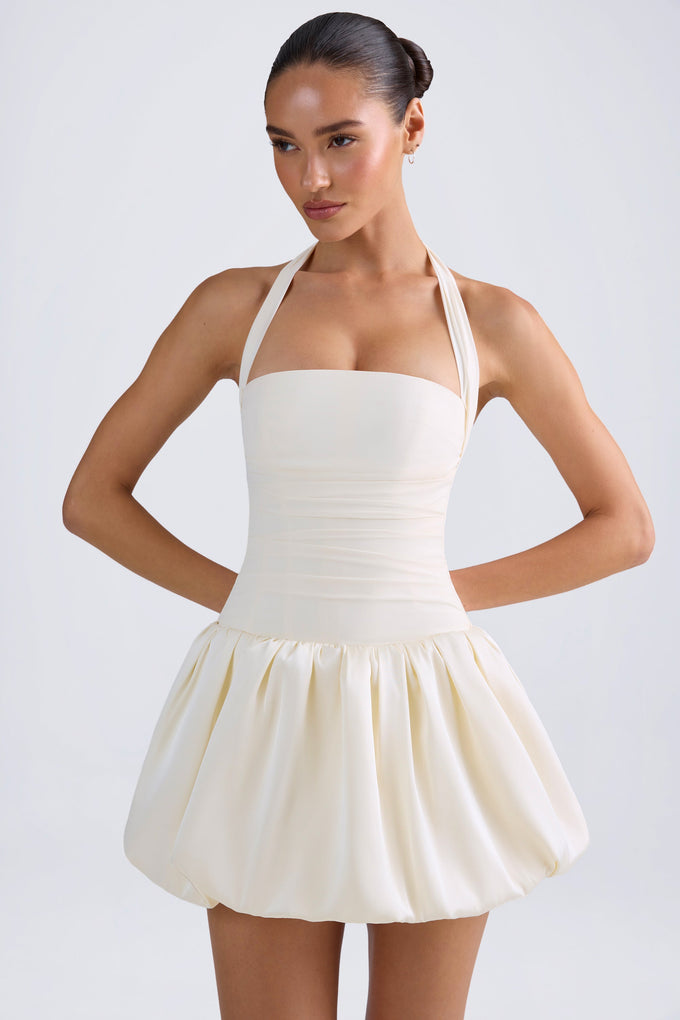 Halterneck Lace-Up Bubble Hem Corset Micro Mini Dress in Ivory