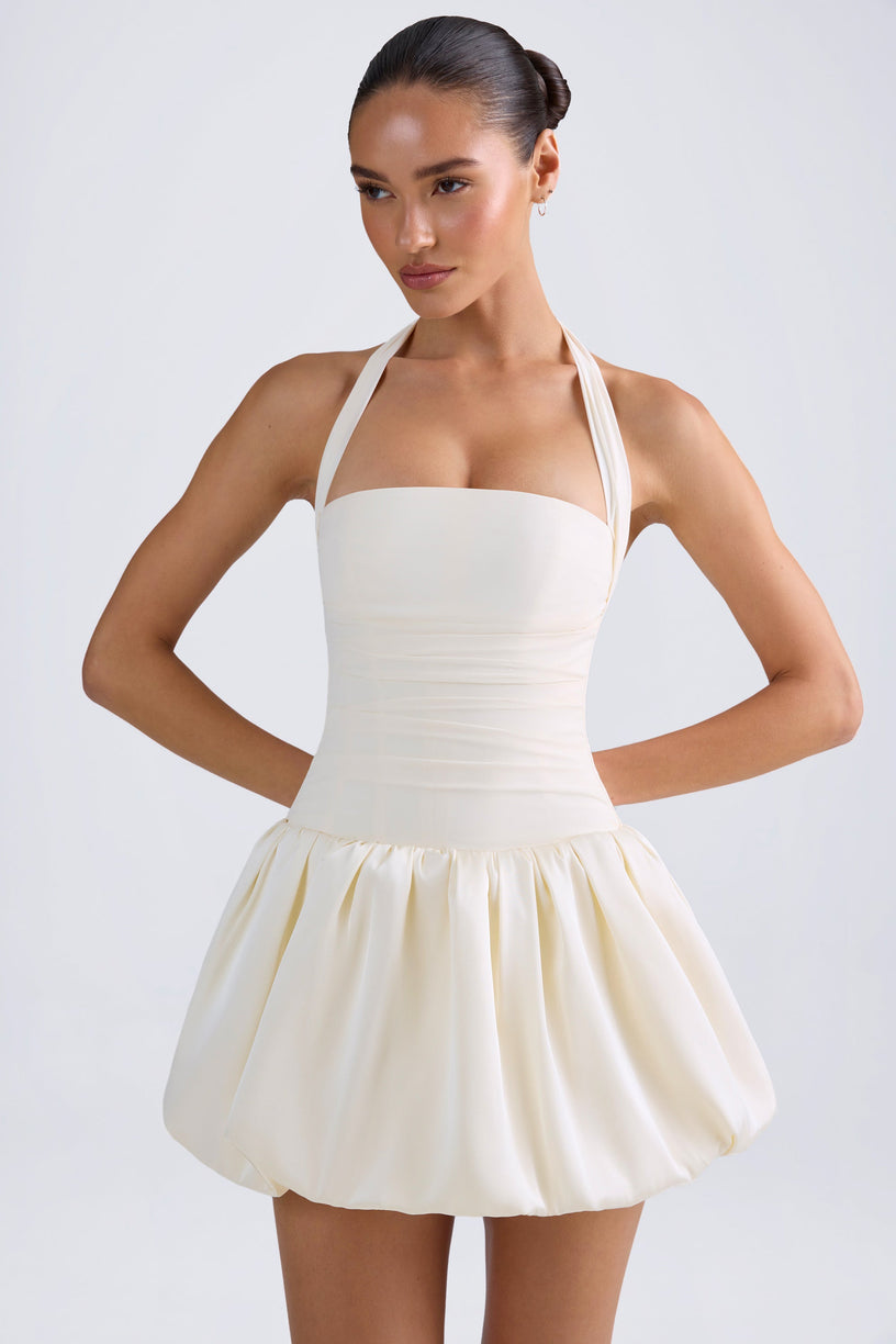 Halterneck Lace-Up Bubble Hem Corset Micro Mini Dress in Ivory - 1