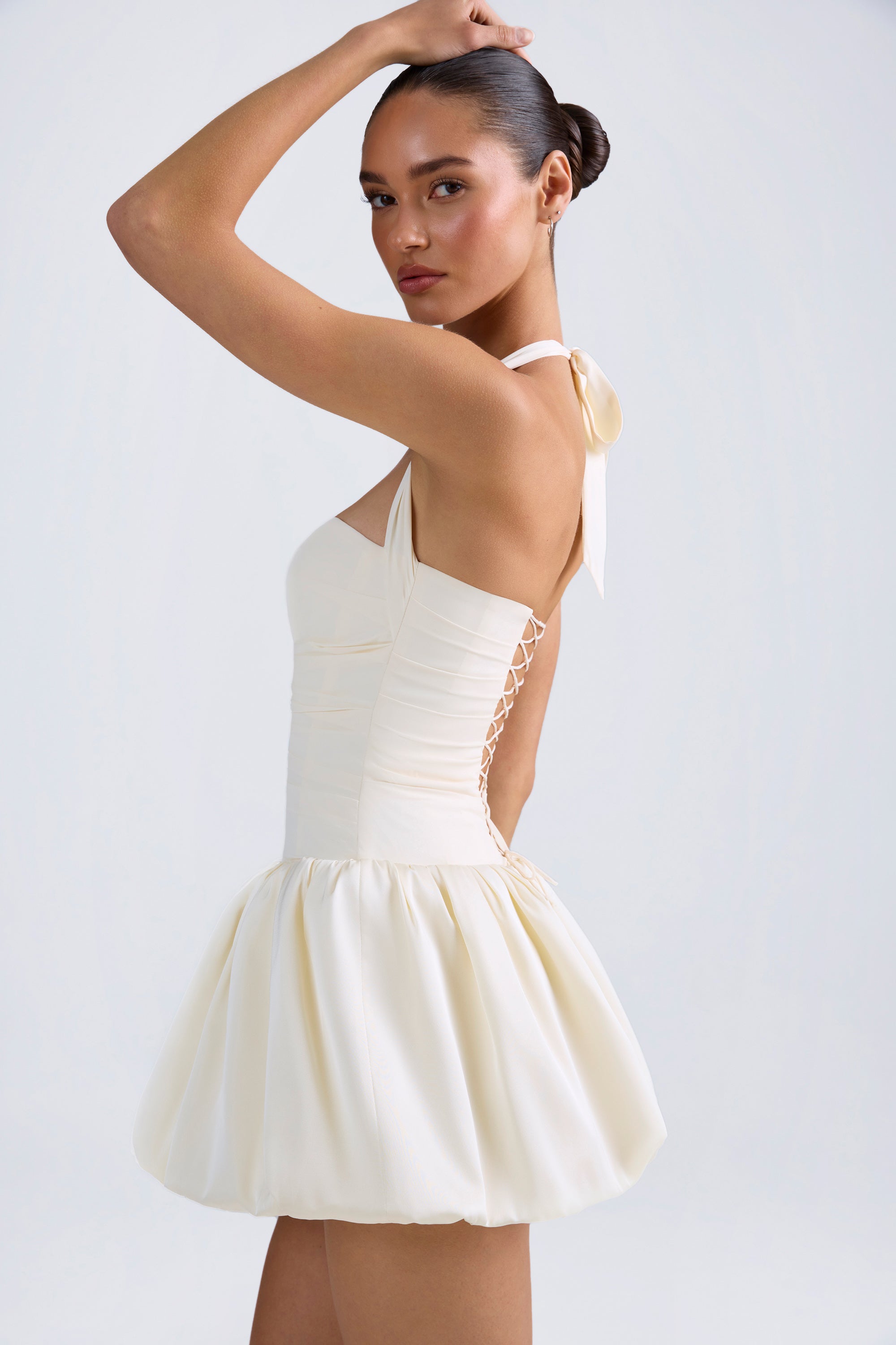 Ludmila Halterneck Lace-Up Bubble Hem Corset Micro Mini Dress in