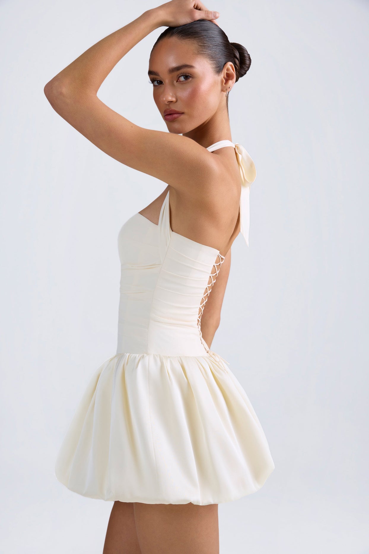 Halterneck Lace-Up Bubble Hem Corset Micro Mini Dress in Ivory - 7