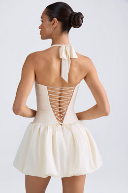 Halterneck Lace-Up Bubble Hem Corset Micro Mini Dress in Ivory