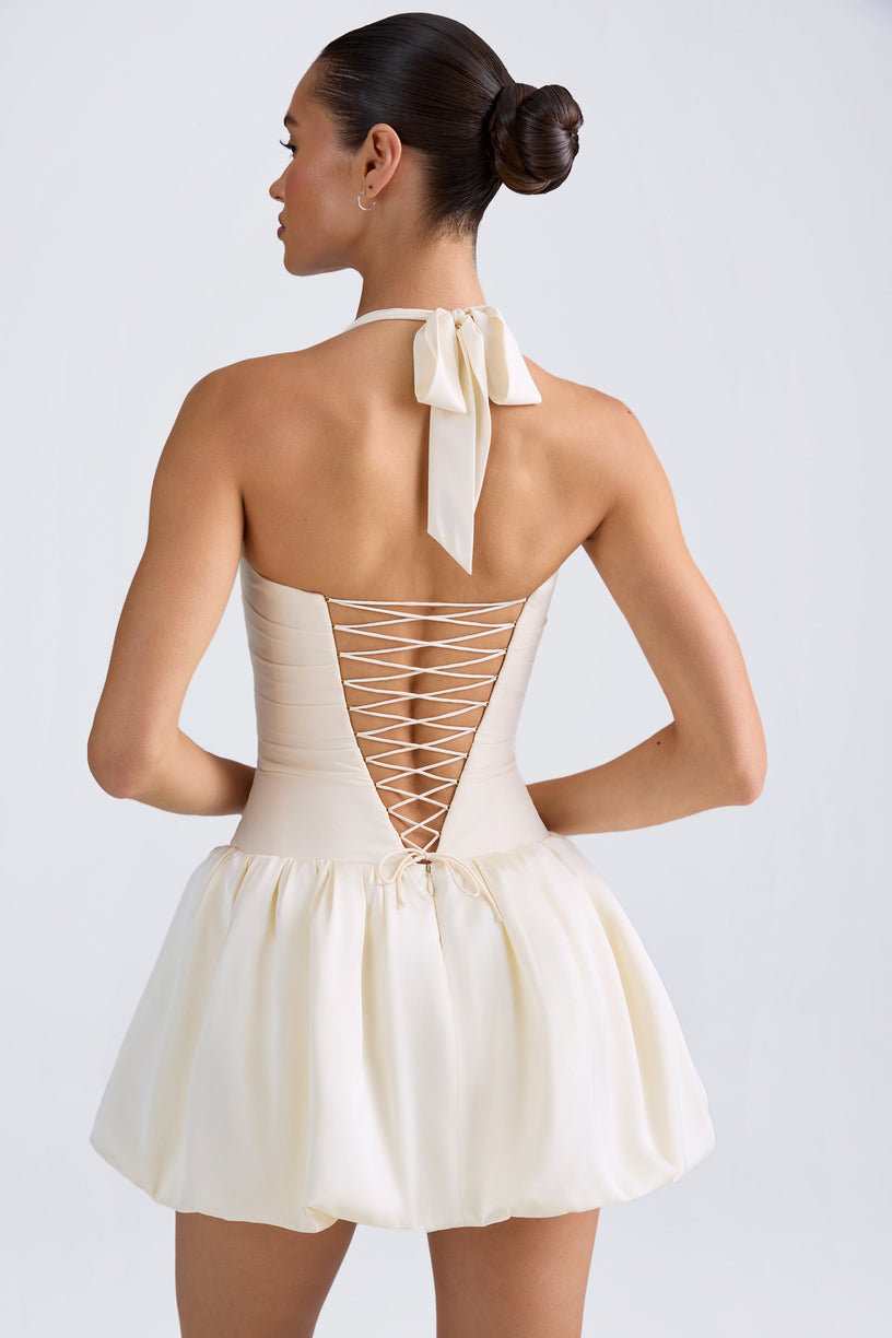 Halterneck Lace-Up Bubble Hem Corset Micro Mini Dress in Ivory - 2