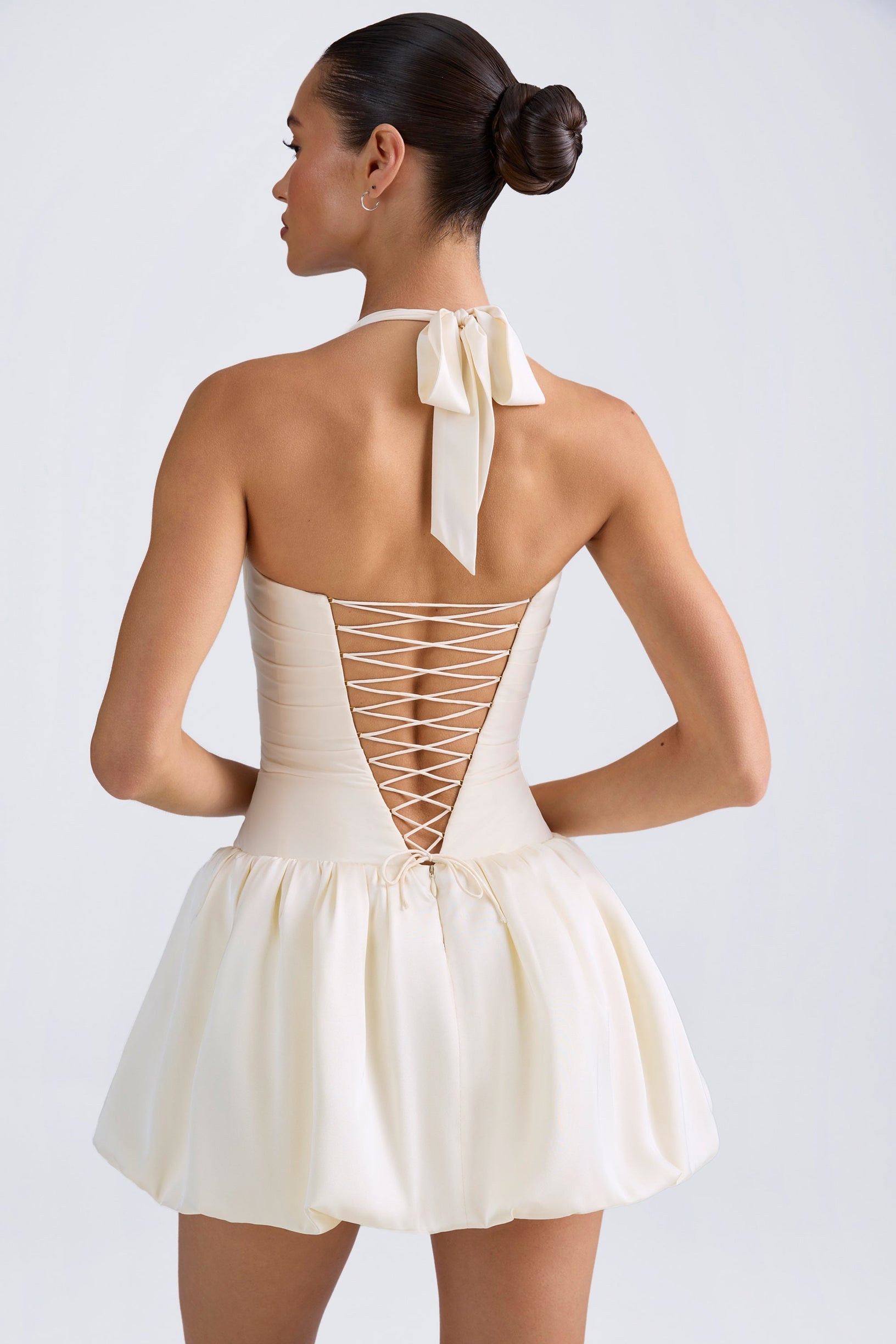 Halterneck Lace-Up Bubble Hem Corset Micro Mini Dress in Ivory - 2