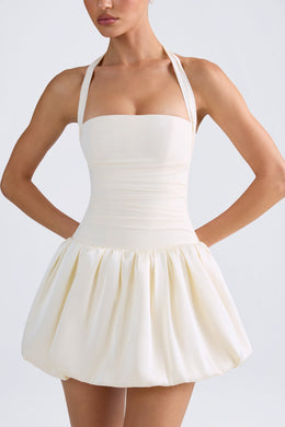 Halterneck Lace-Up Bubble Hem Corset Micro Mini Dress in Ivory