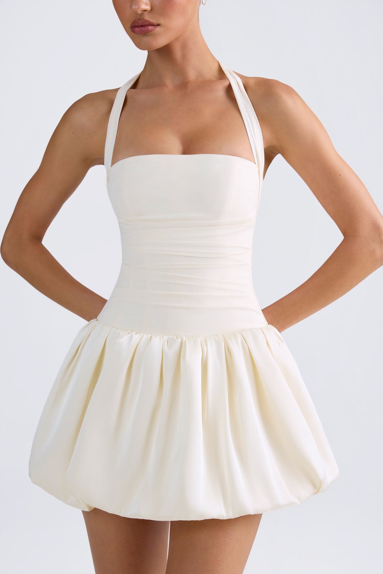 Halterneck Lace-Up Bubble Hem Corset Micro Mini Dress in Ivory - 4