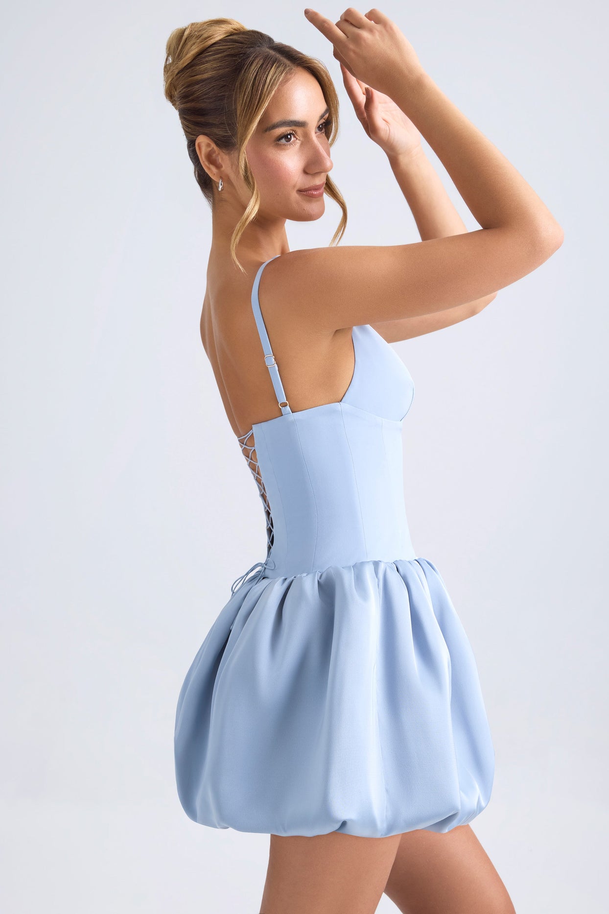 Lace-Up Bubble Hem Corset Micro Mini Dress in Light Blue