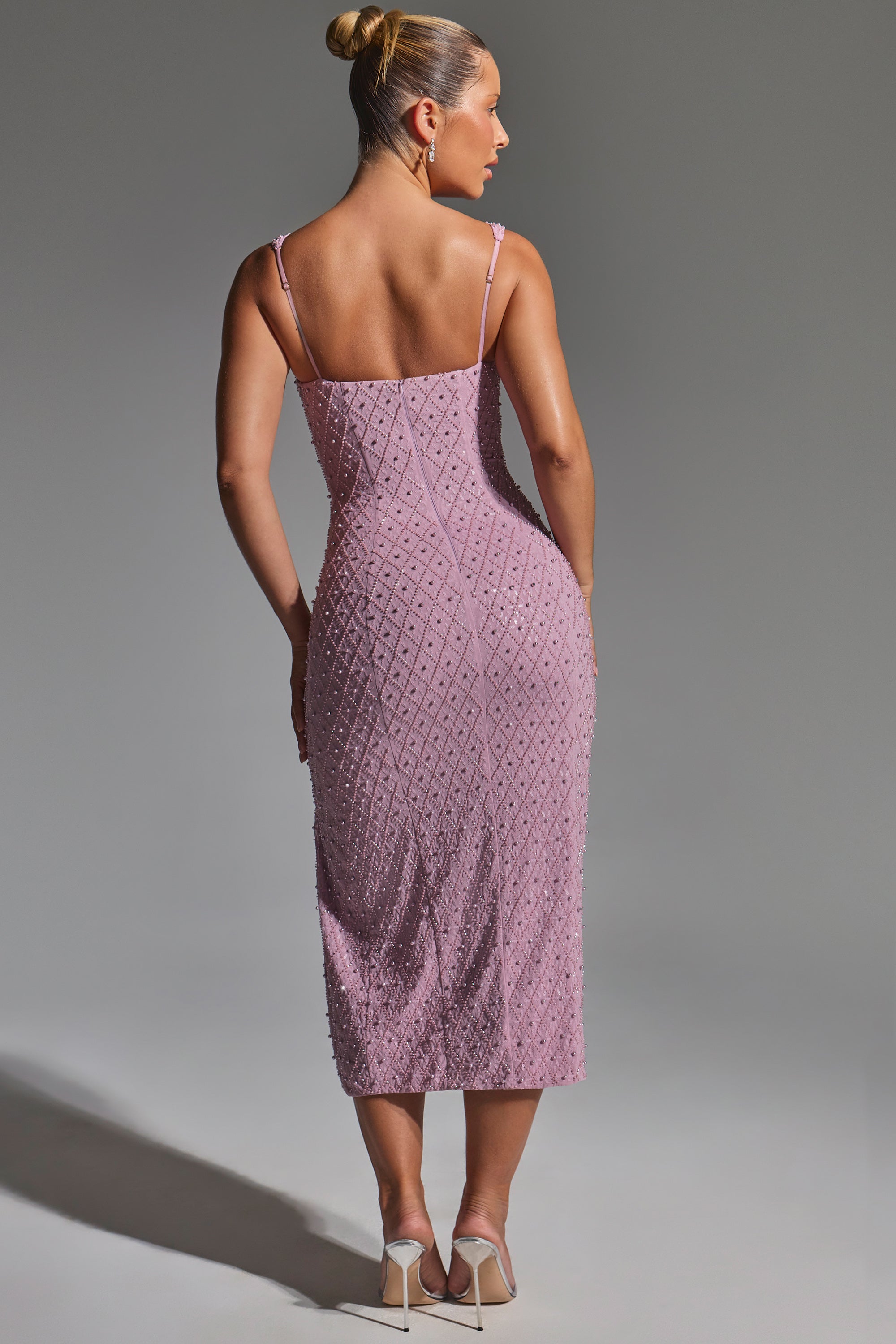 Embellished Cowl-Neck Midaxi Dress in Mauve