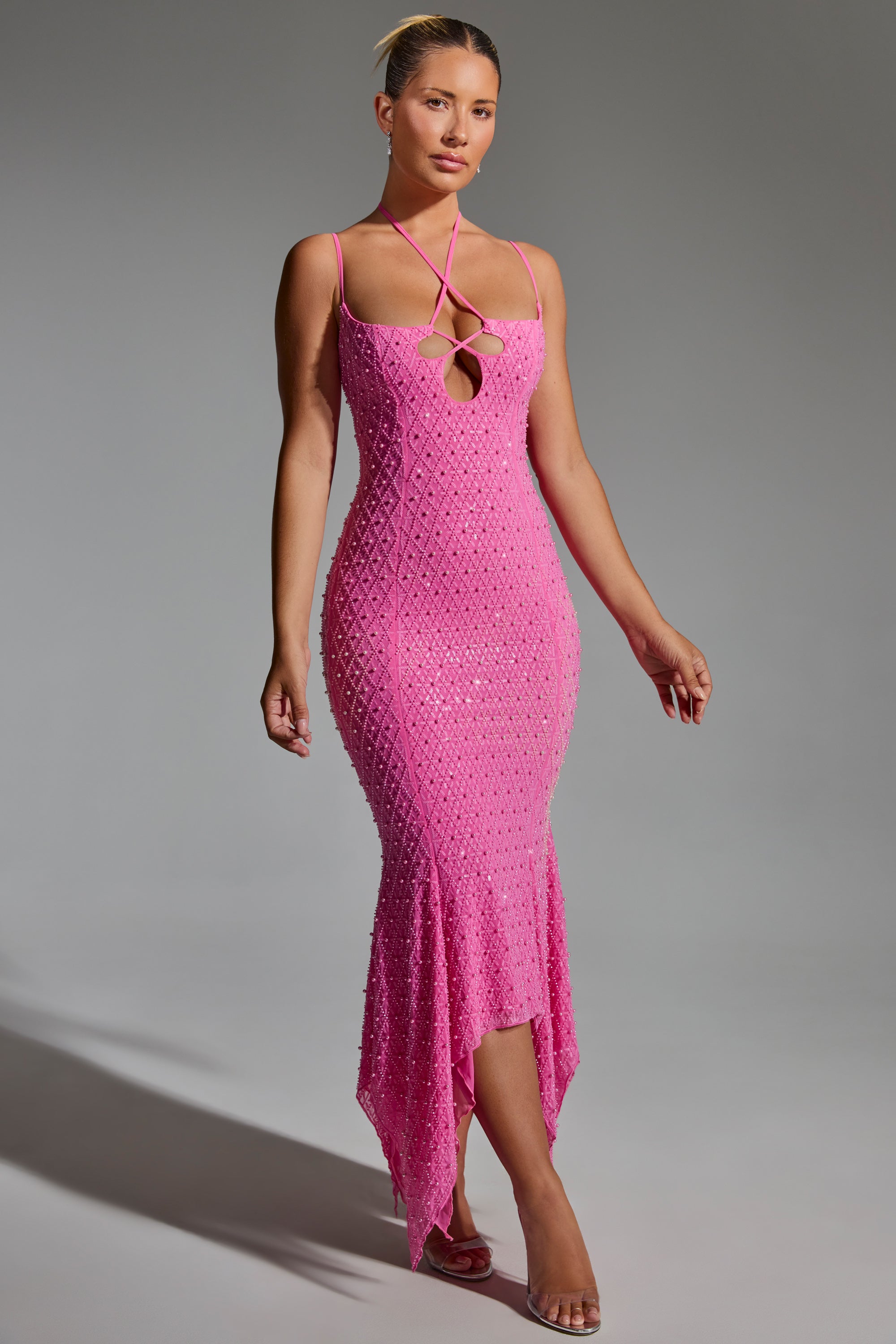 Embellished Cut-Out Asymmetric Midaxi Dress in Hot Pink