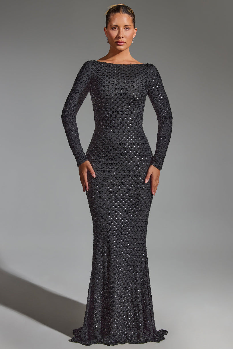 Embellished Open-Back Gown in Black - 2