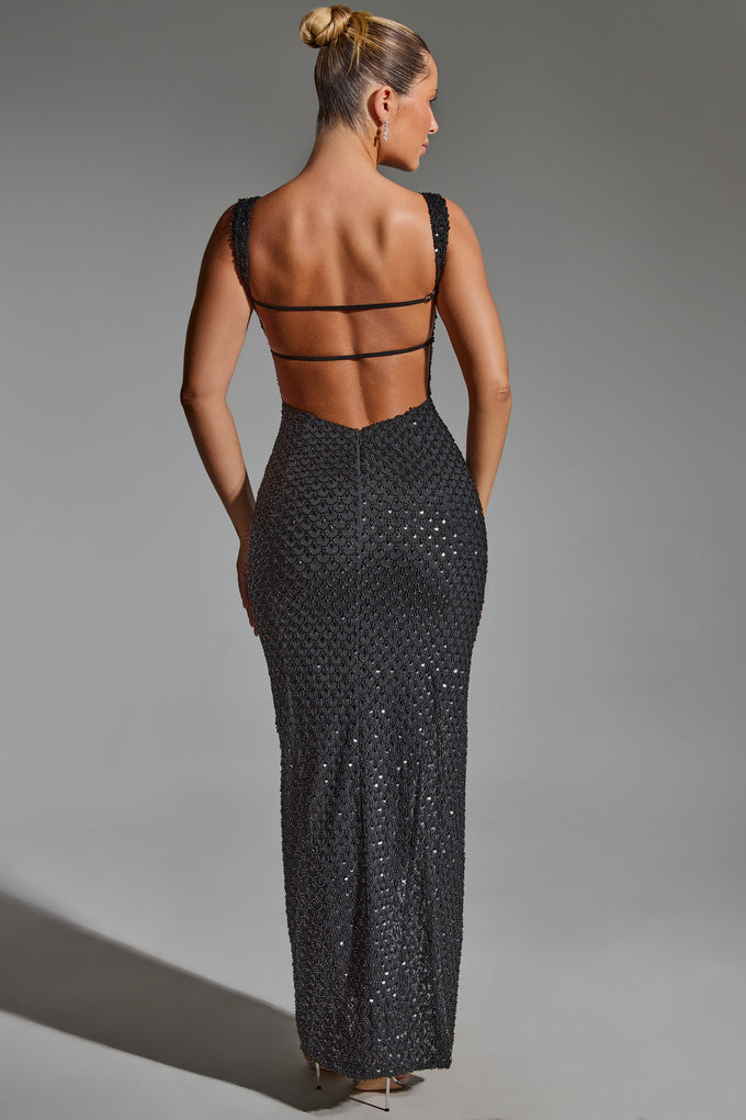 Embellished Open-Back Maxi Dress in Black