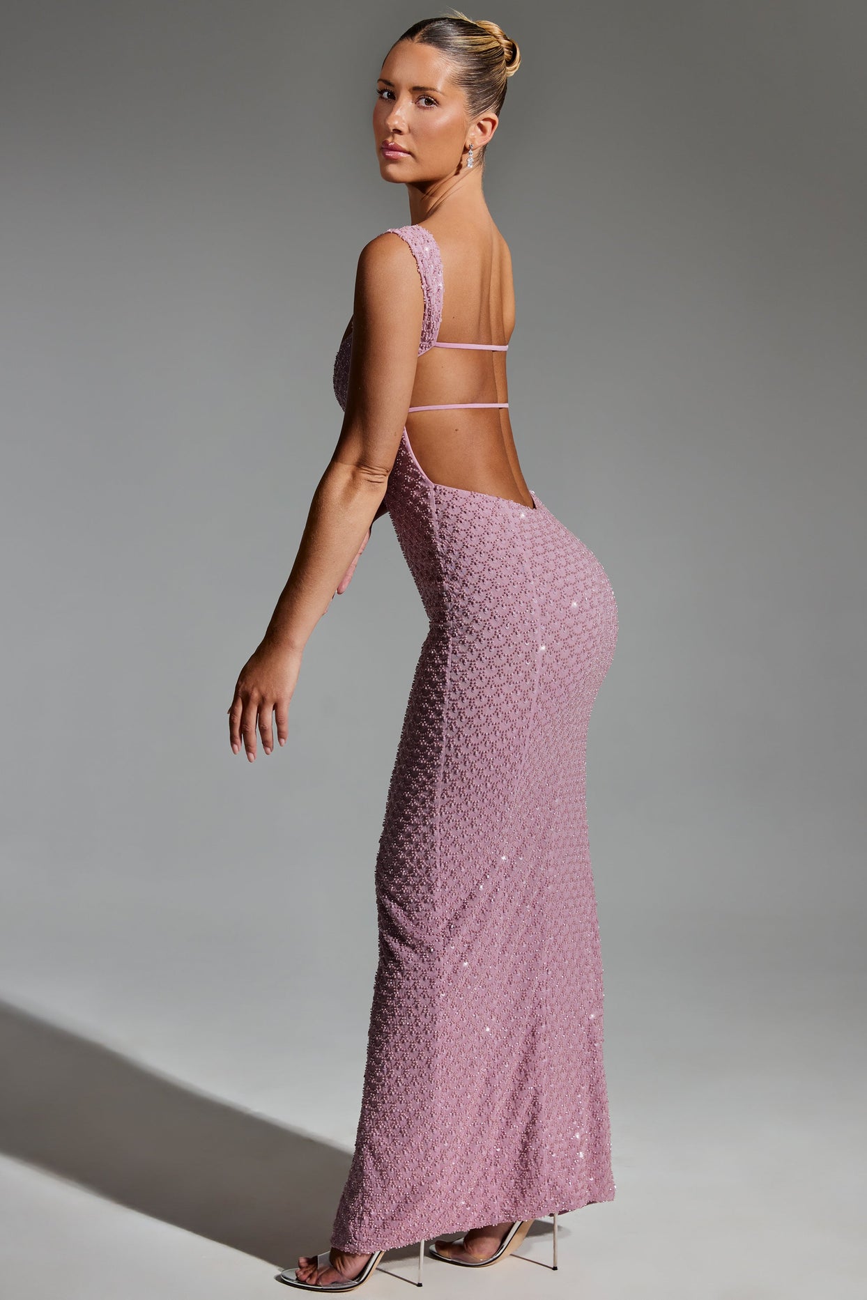 Embellished Open-Back Maxi Dress in Mauve - Main Image