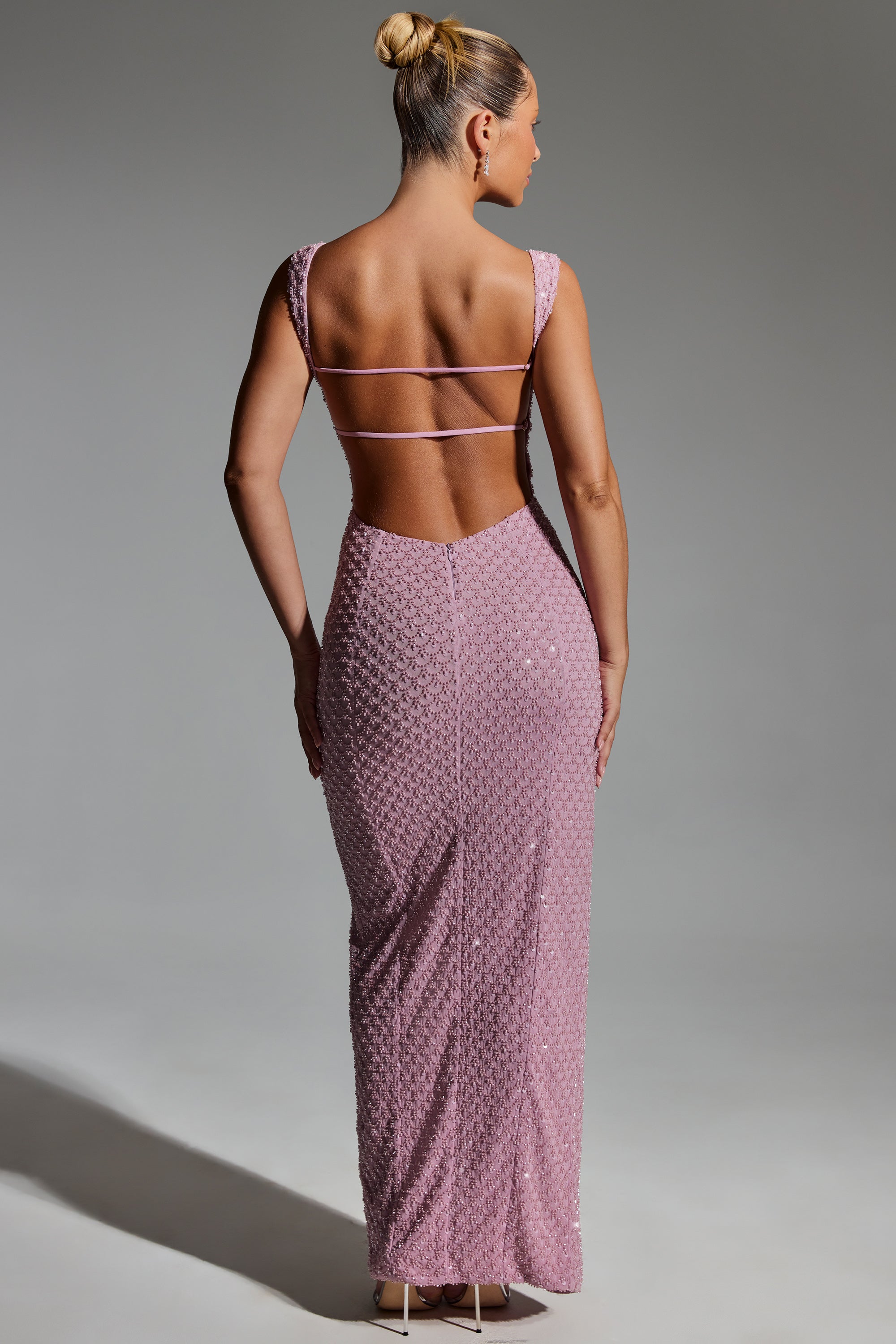 Embellished Open-Back Maxi Dress in Mauve