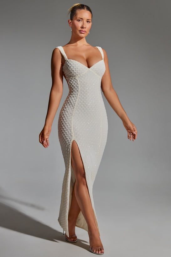 Embellished Open-Back Maxi Dress in White