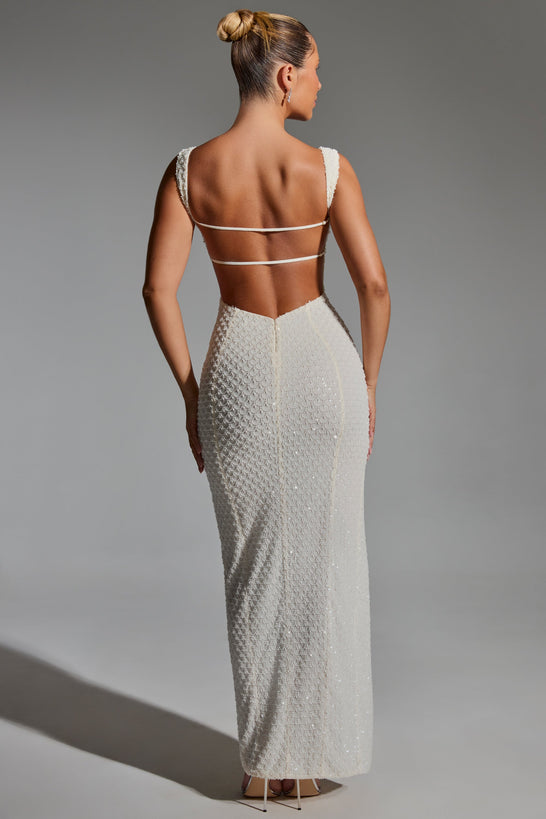 Embellished Open-Back Maxi Dress in White