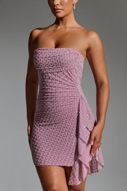 Embellished Ruffled Cowl-Neck Bandeau Mini Dress in Mauve