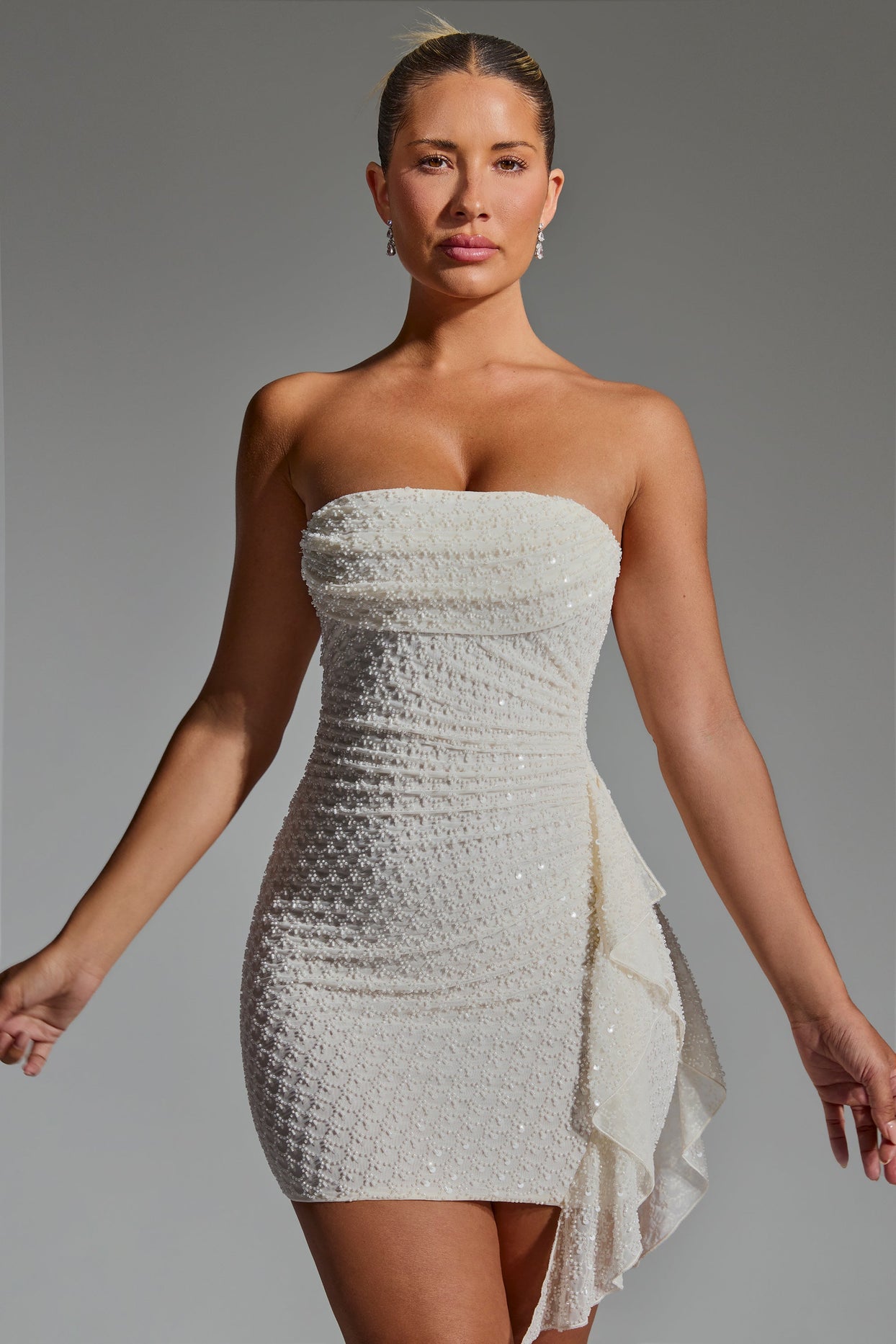 embellished ruffled cowl neck bandeau mini dress in white Ladies - Ruffle-Trimmed - Size: 6 34 CARE Hand Wash Cold Mini Dress White Bodycon Dress