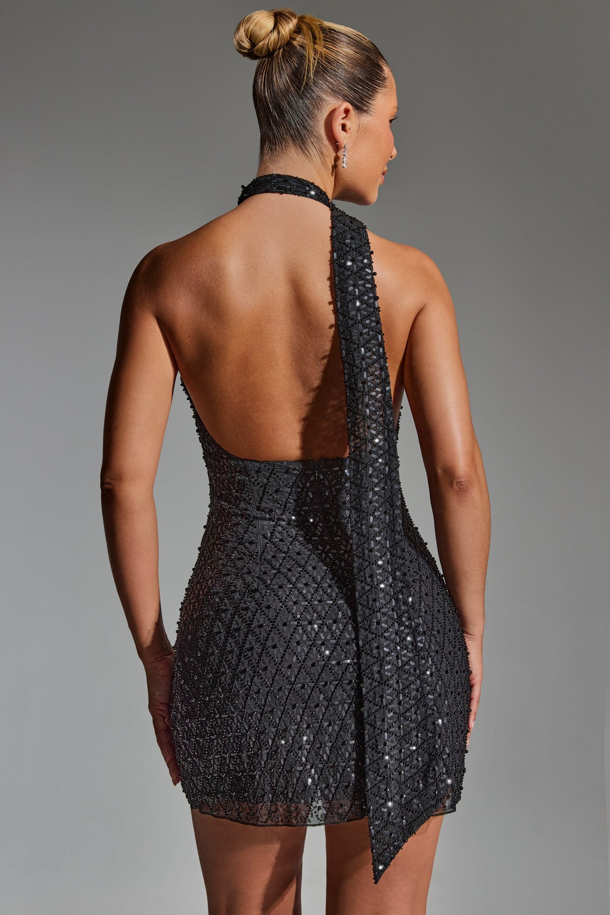Embellished Scarf-Detail Halterneck Mini Dress in Black