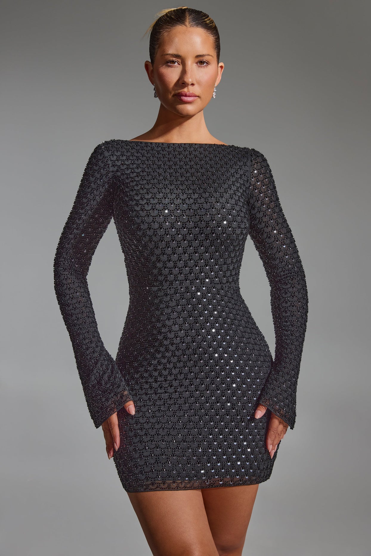 Embellished Open-Back A-Line Mini Dress in Black