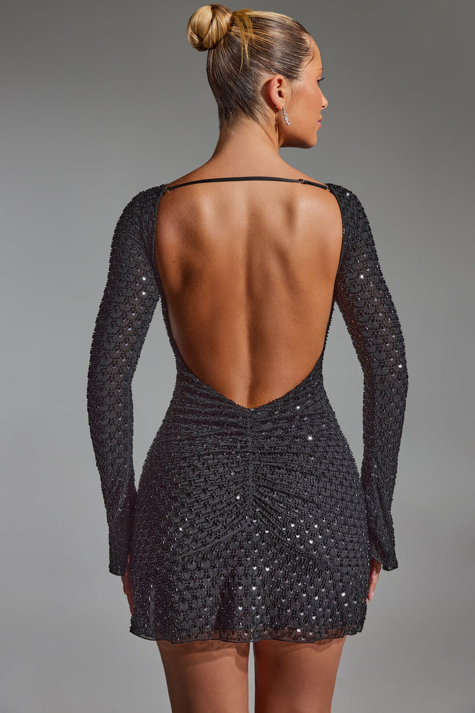 Embellished Open-Back A-Line Mini Dress in Black